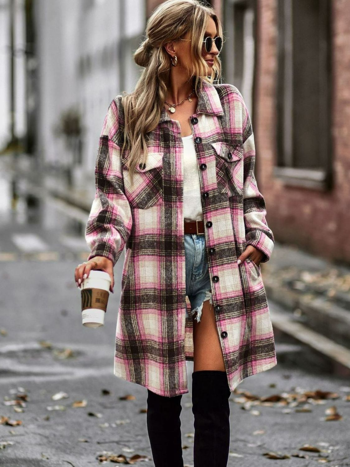Nina Plaid Button-Up Shacket with Pockets