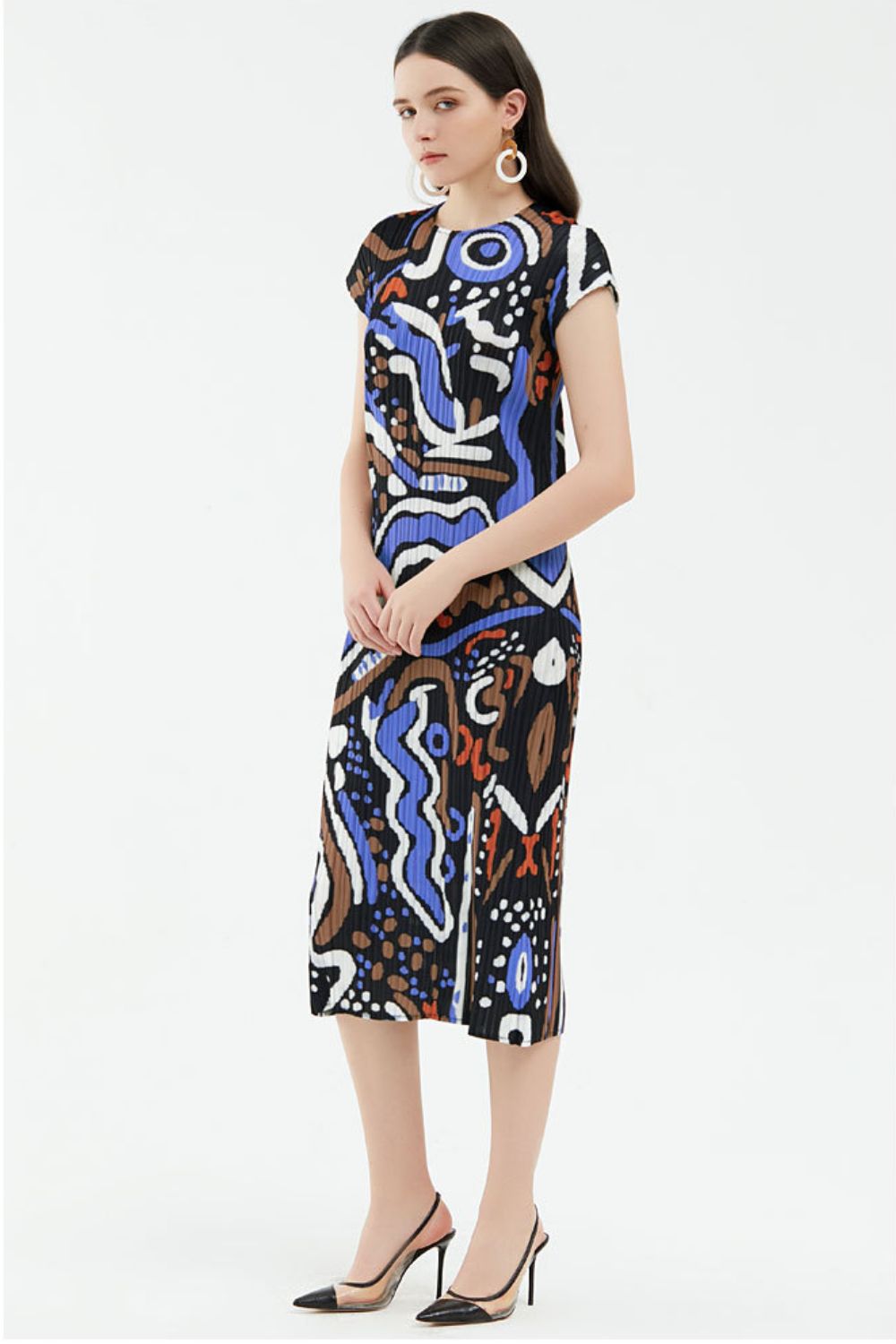 Abstract Print Accordion Pleated Midi Dress