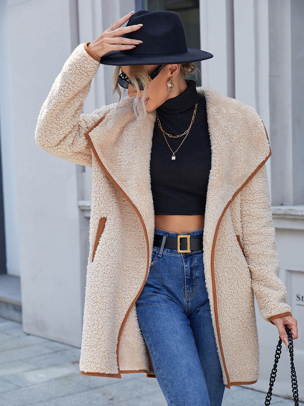 Open Front Turn-Down Collar Plush Coat