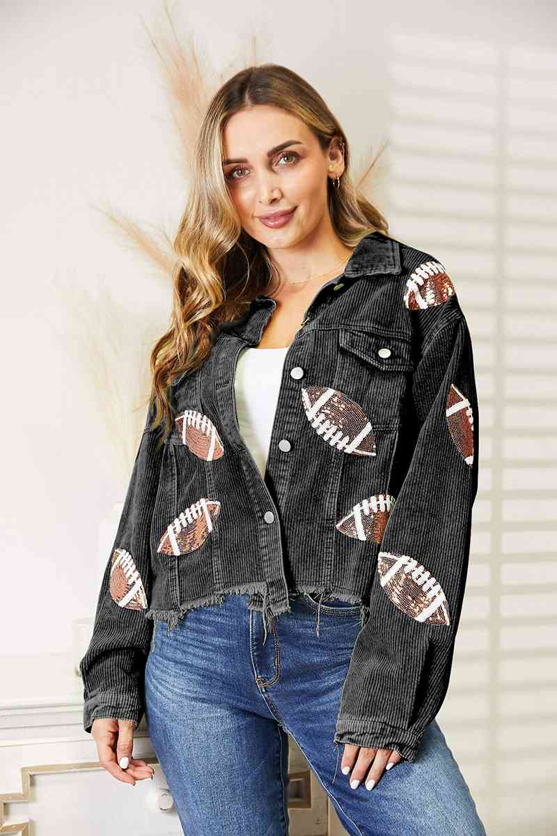 All In Football Patch Sequin Raw Hem Shacket