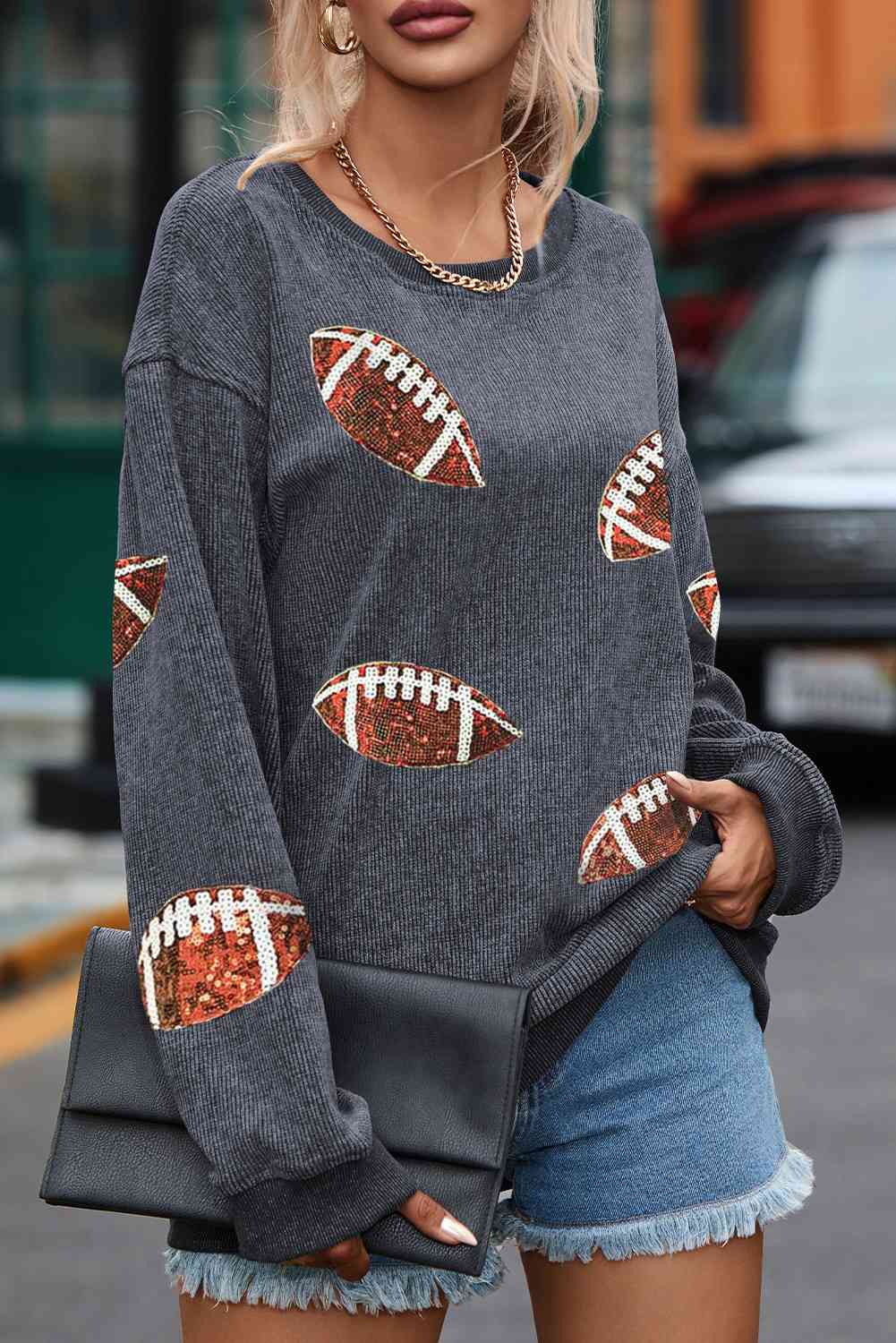 All the Sequins Football Patch Corduroy Sweatshirt