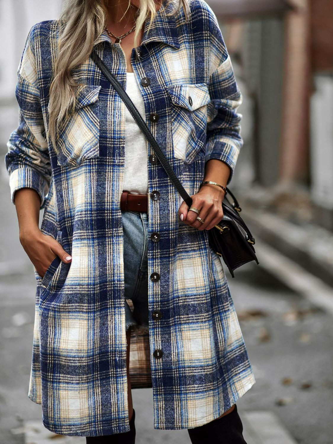 Nina Plaid Button-Up Shacket with Pockets