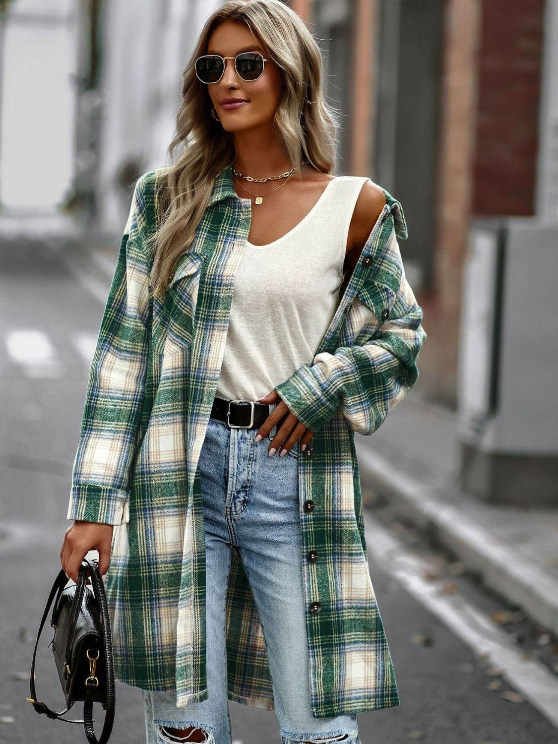 Nina Plaid Button-Up Shacket with Pockets