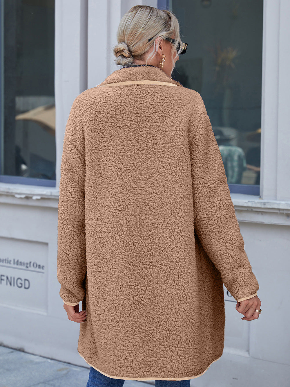 Open Front Turn-Down Collar Plush Coat