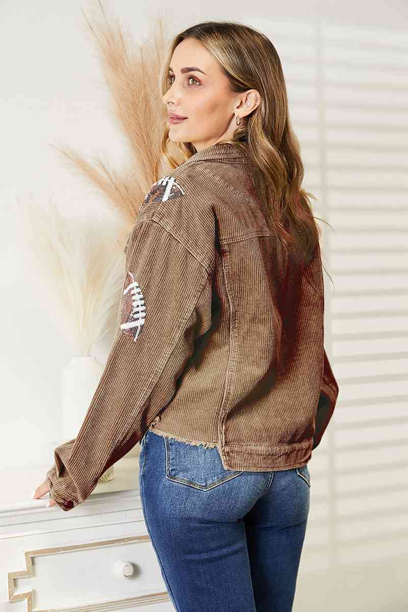 All In Football Patch Sequin Raw Hem Shacket