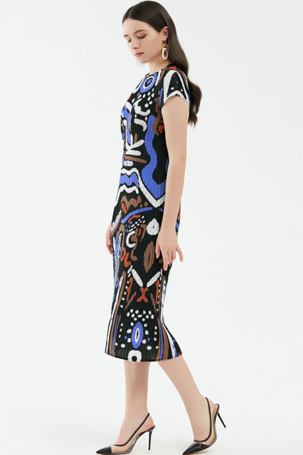 Abstract Print Accordion Pleated Midi Dress