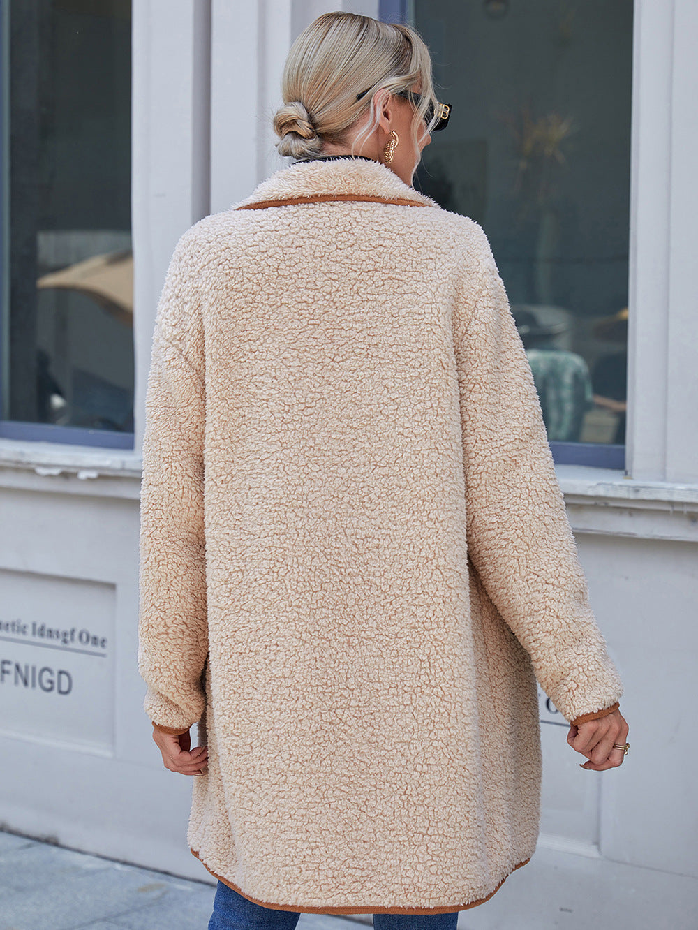 Open Front Turn-Down Collar Plush Coat