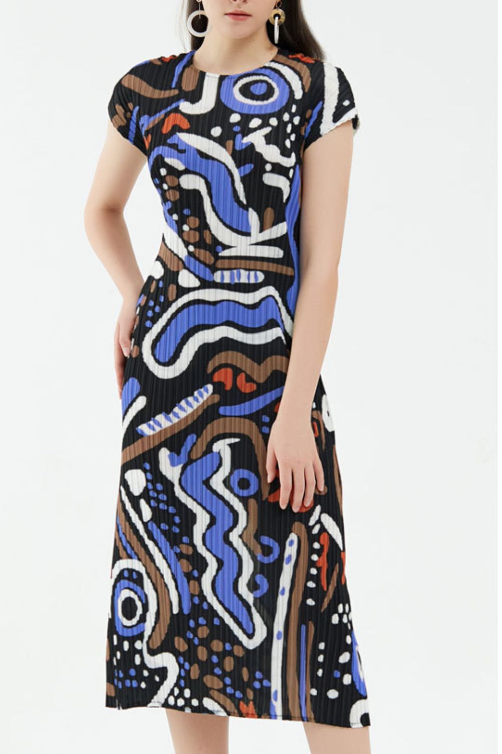 Abstract Print Accordion Pleated Midi Dress