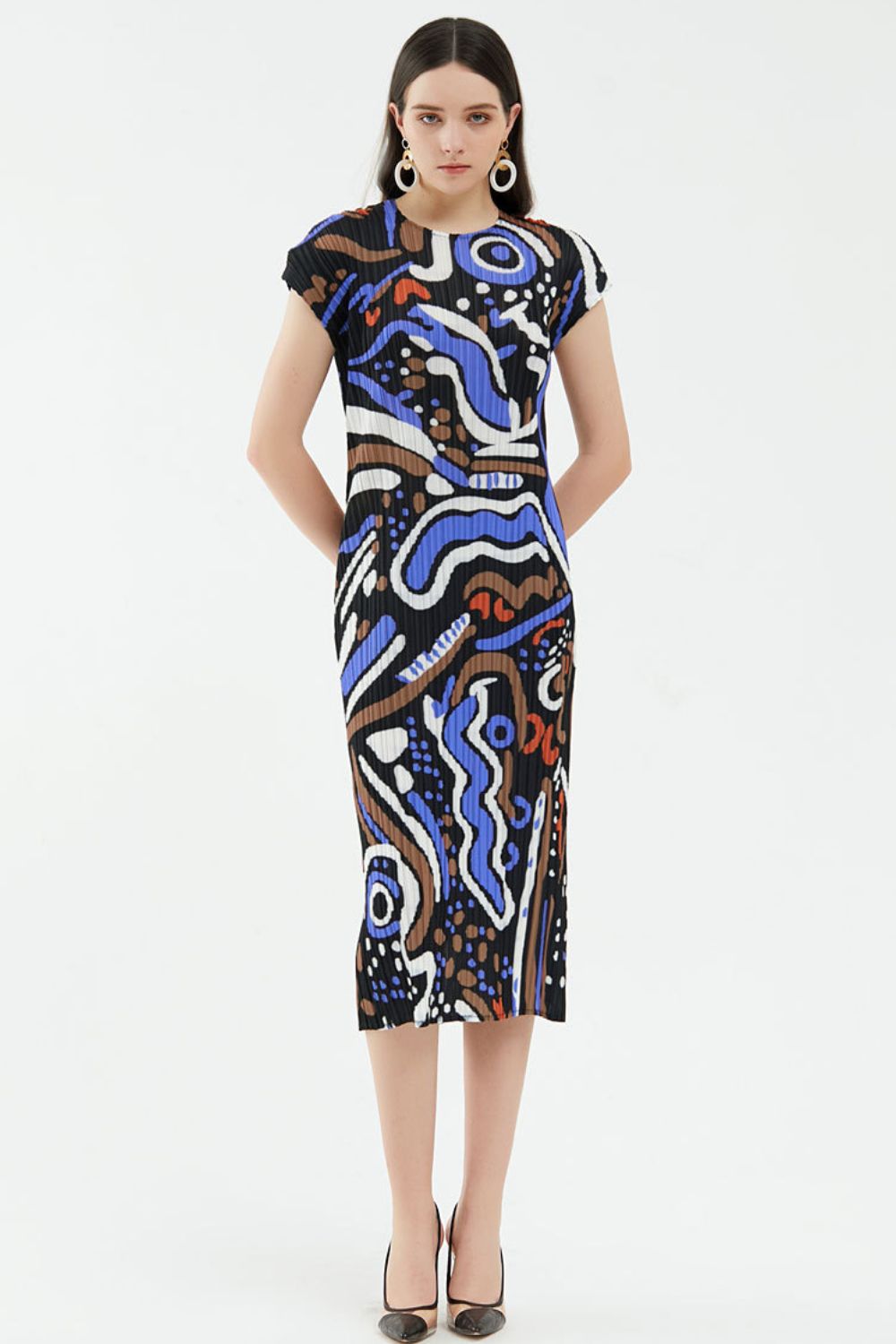 Abstract Print Accordion Pleated Midi Dress