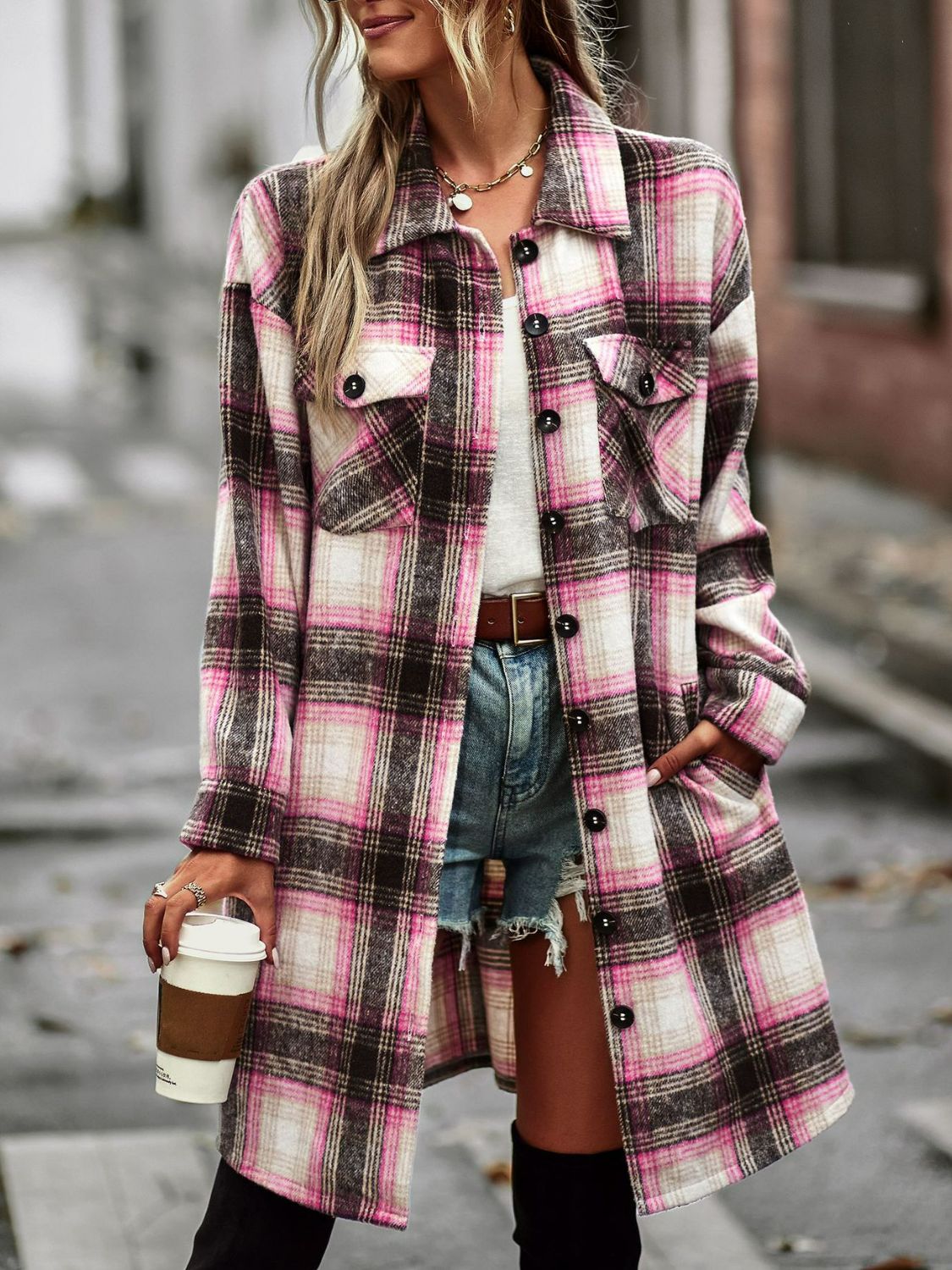 Nina Plaid Button-Up Shacket with Pockets