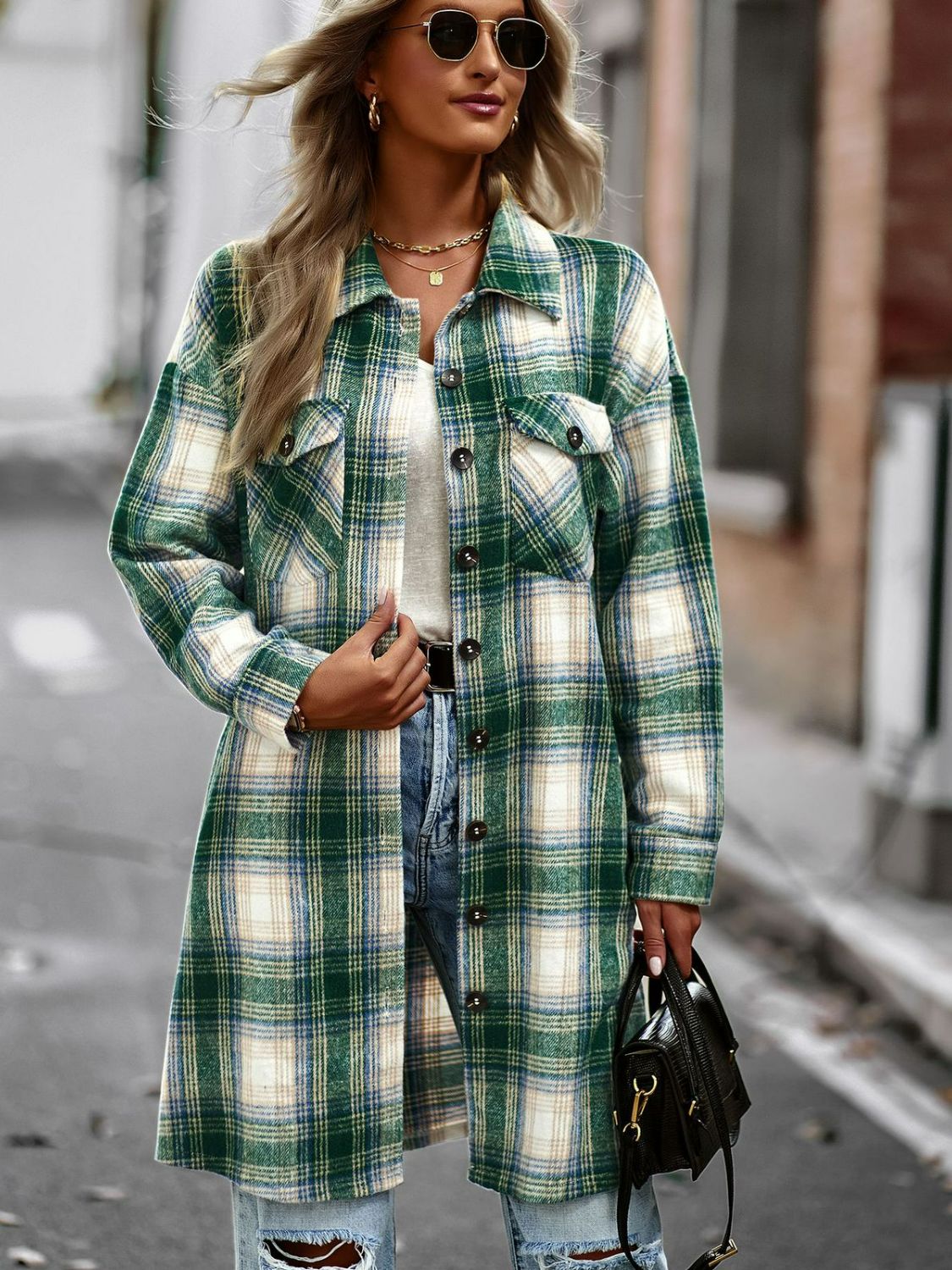 Nina Plaid Button-Up Shacket with Pockets