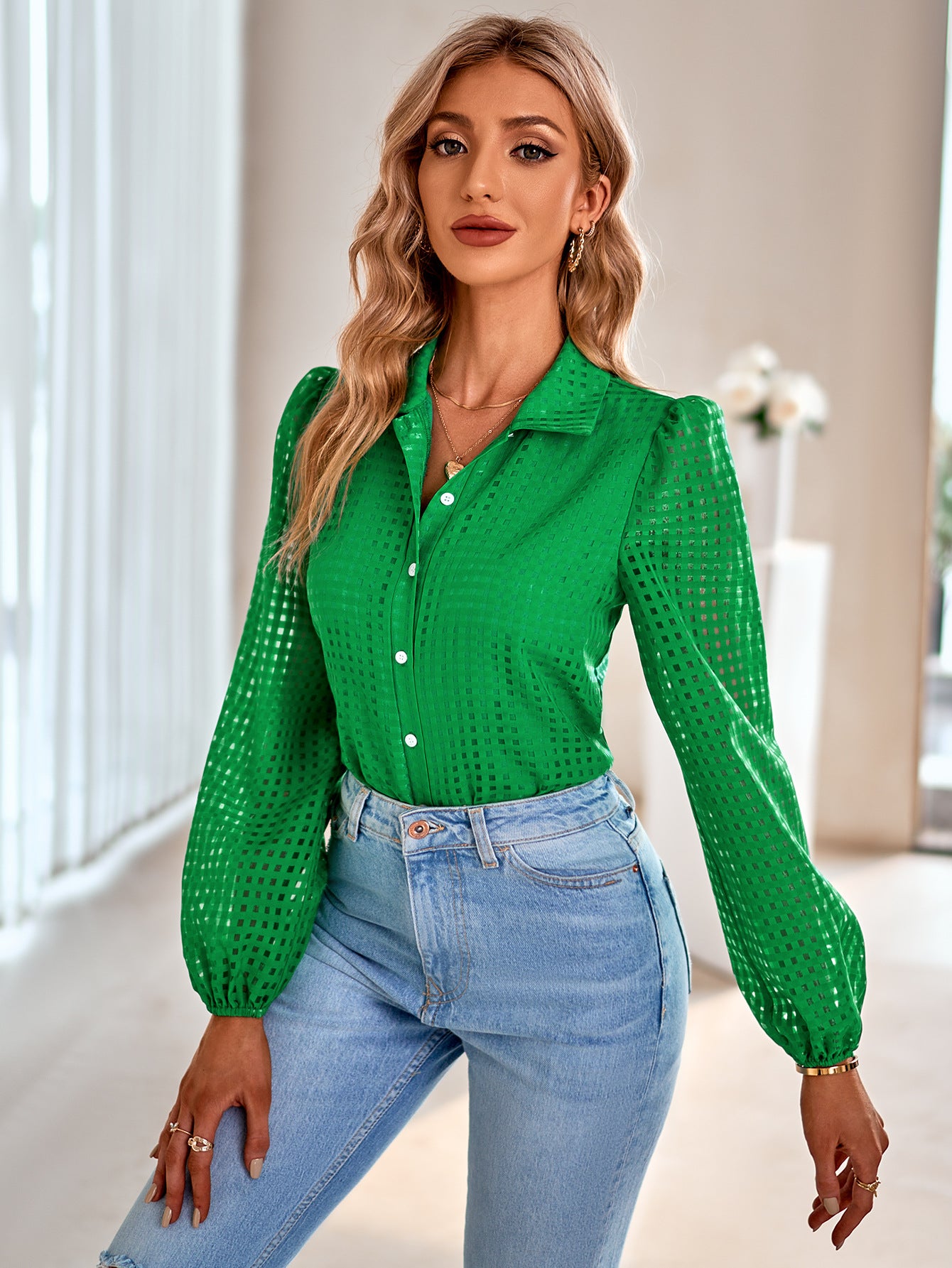 Grid Balloon Sleeve Shirt