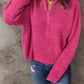 Half Zip Rib-Knit Dropped Shoulder Sweater