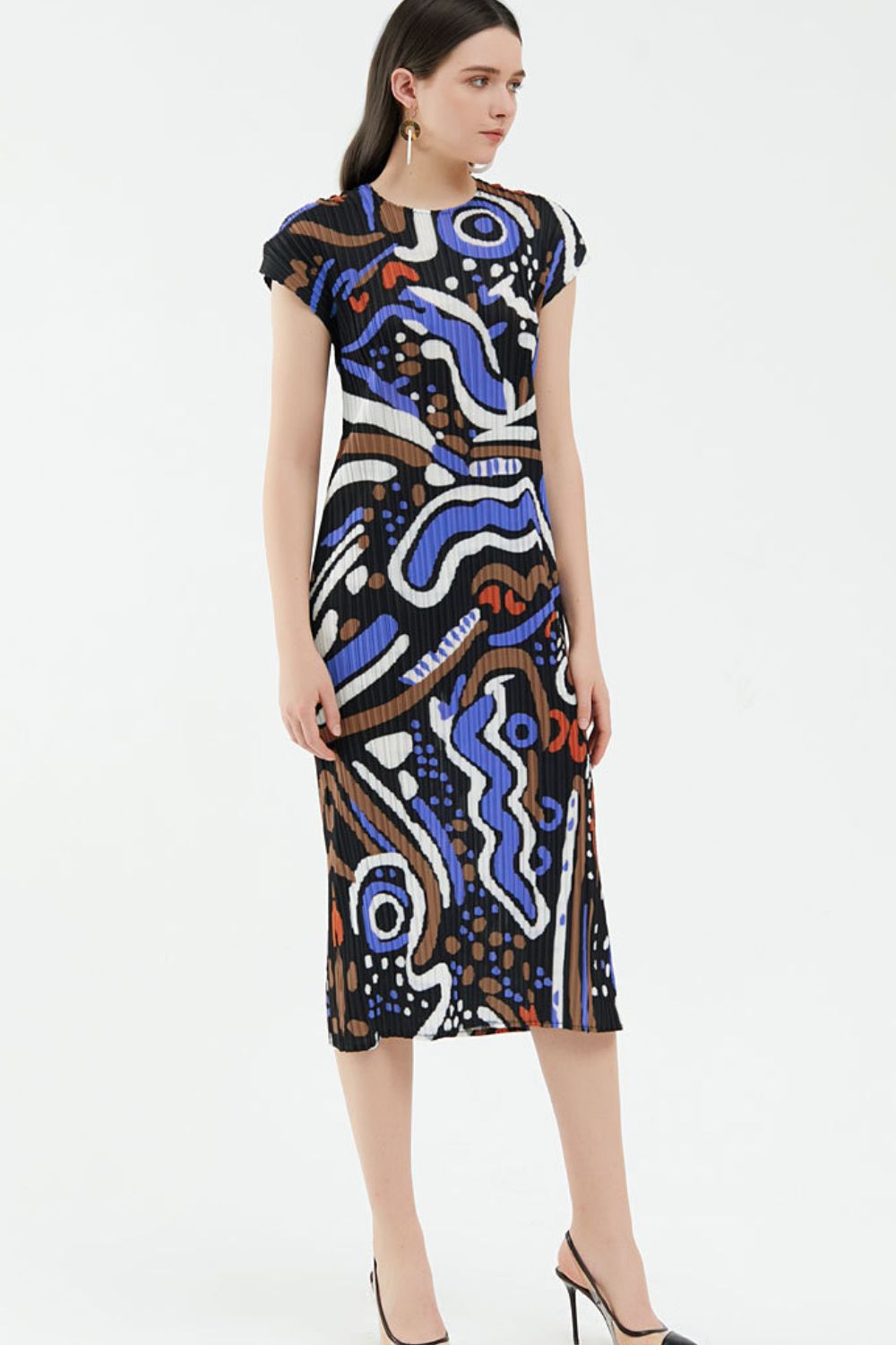 Abstract Print Accordion Pleated Midi Dress