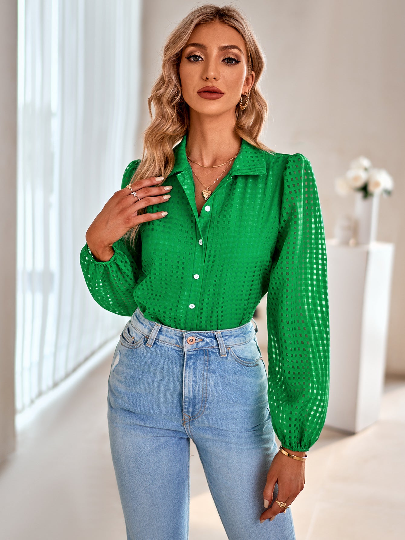 Grid Balloon Sleeve Shirt