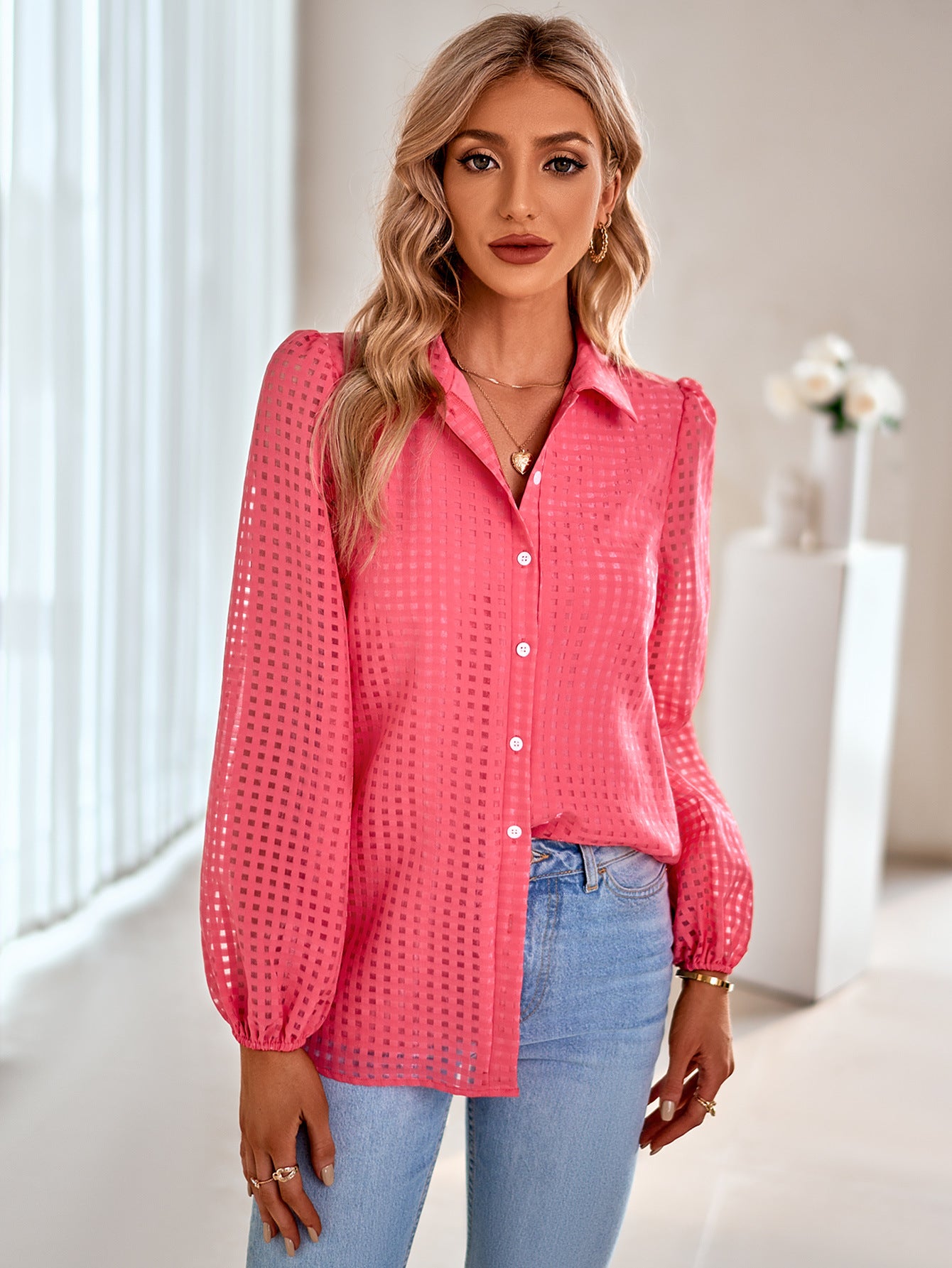 Grid Balloon Sleeve Shirt