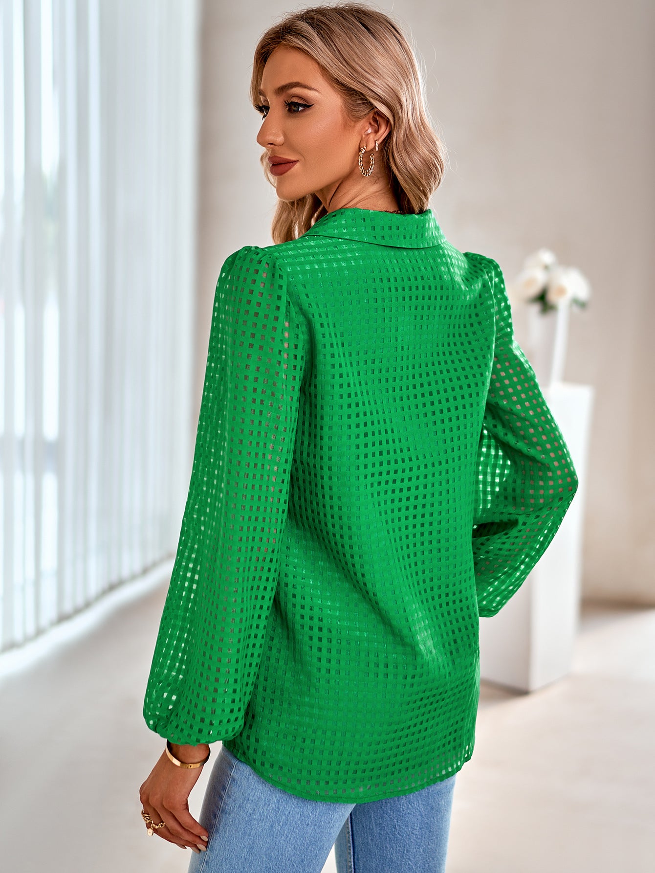 Grid Balloon Sleeve Shirt
