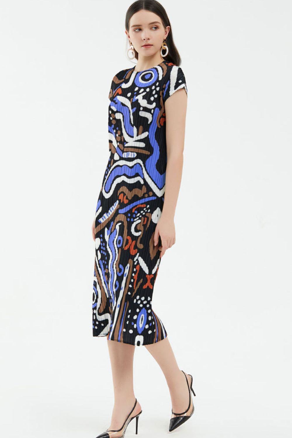 Abstract Print Accordion Pleated Midi Dress