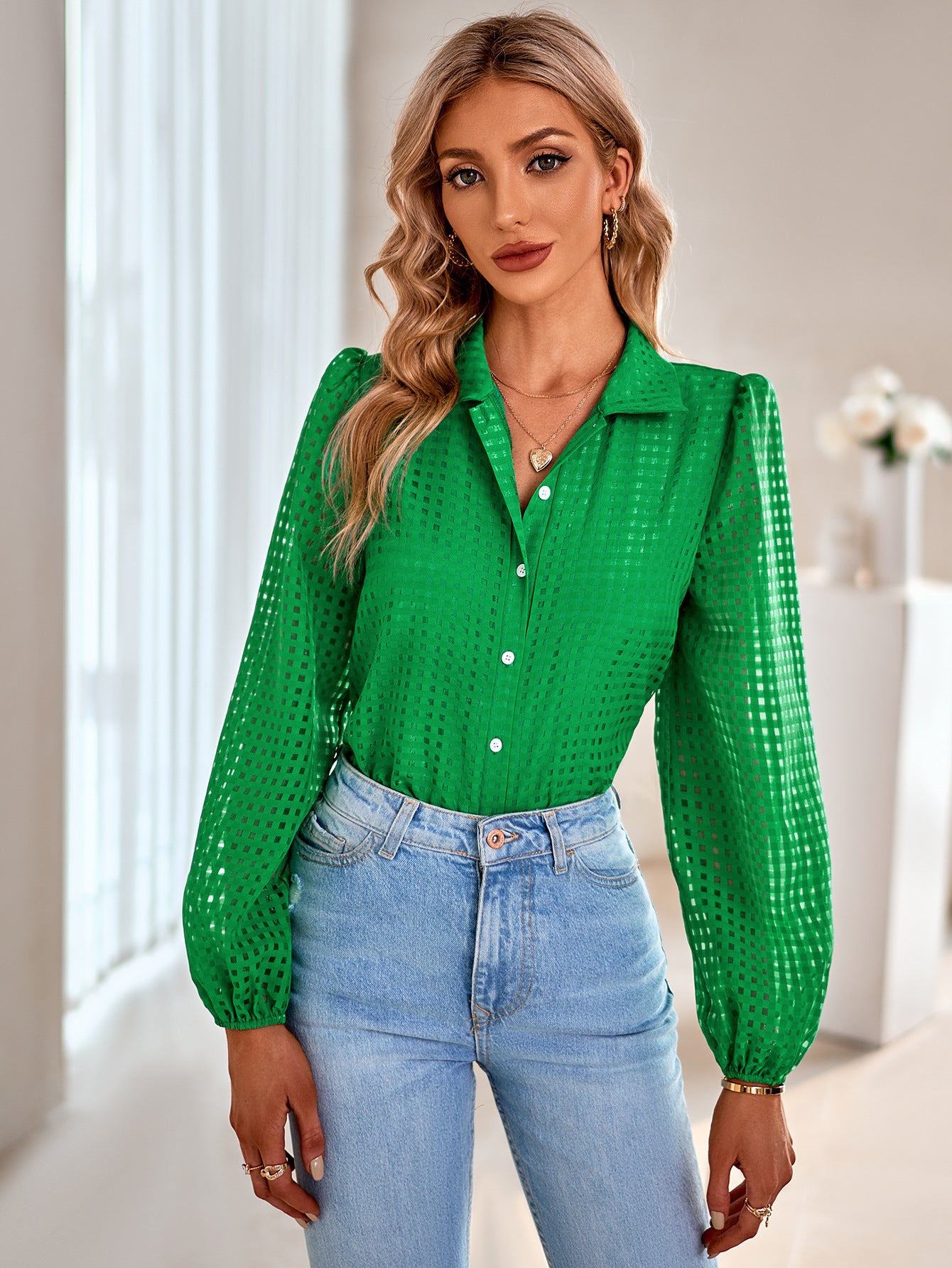 Grid Balloon Sleeve Shirt
