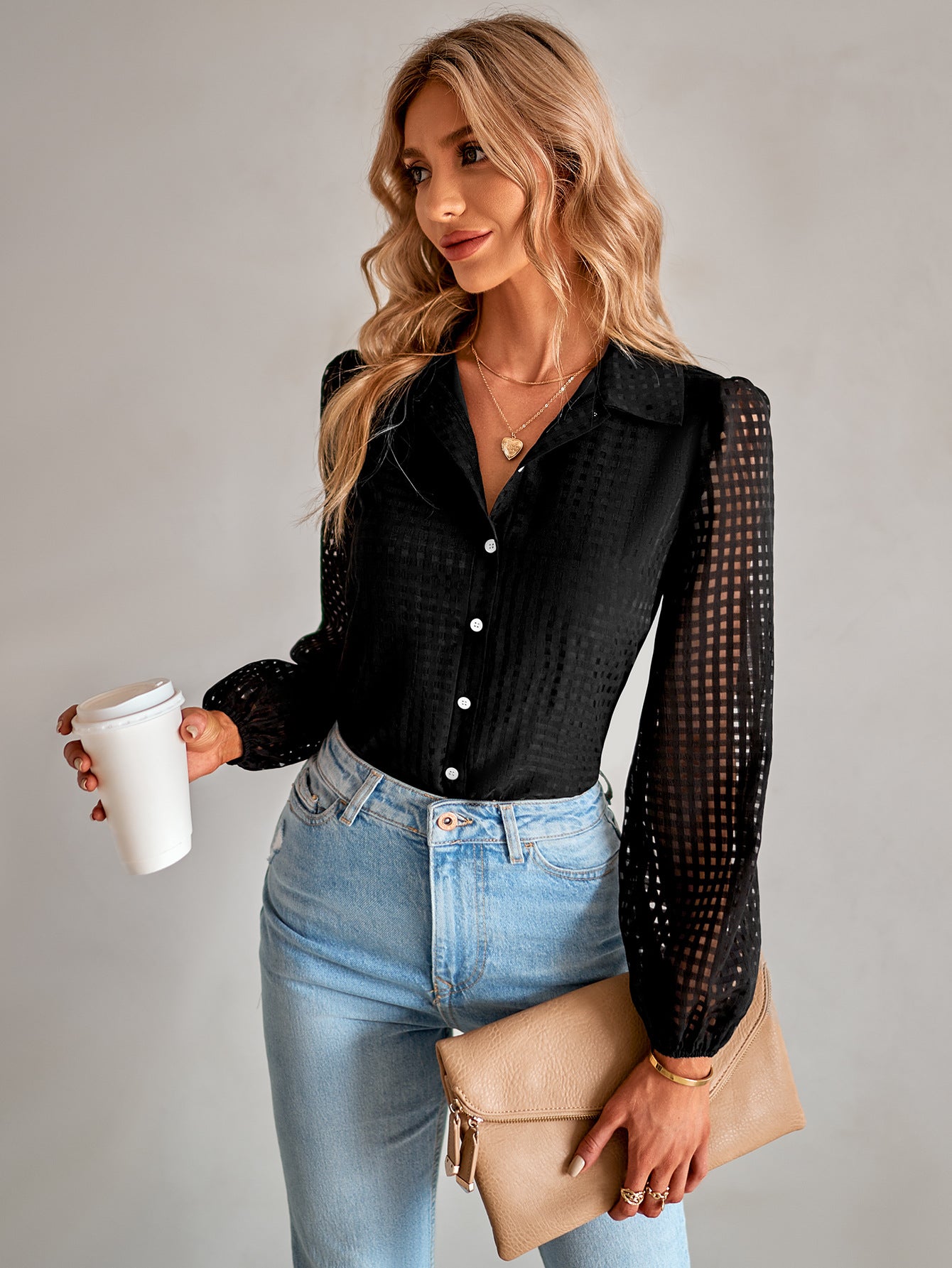 Grid Balloon Sleeve Shirt