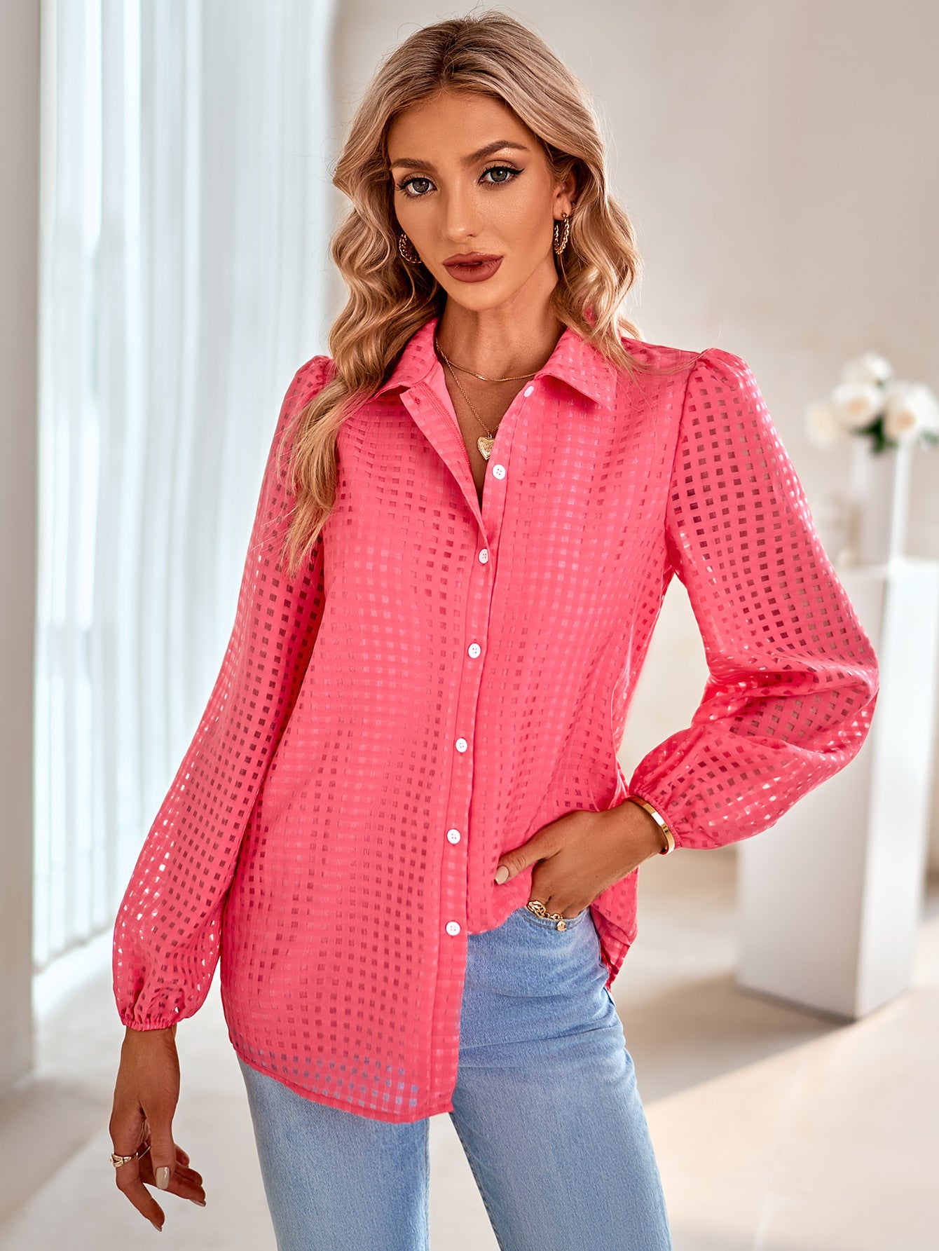 Grid Balloon Sleeve Shirt